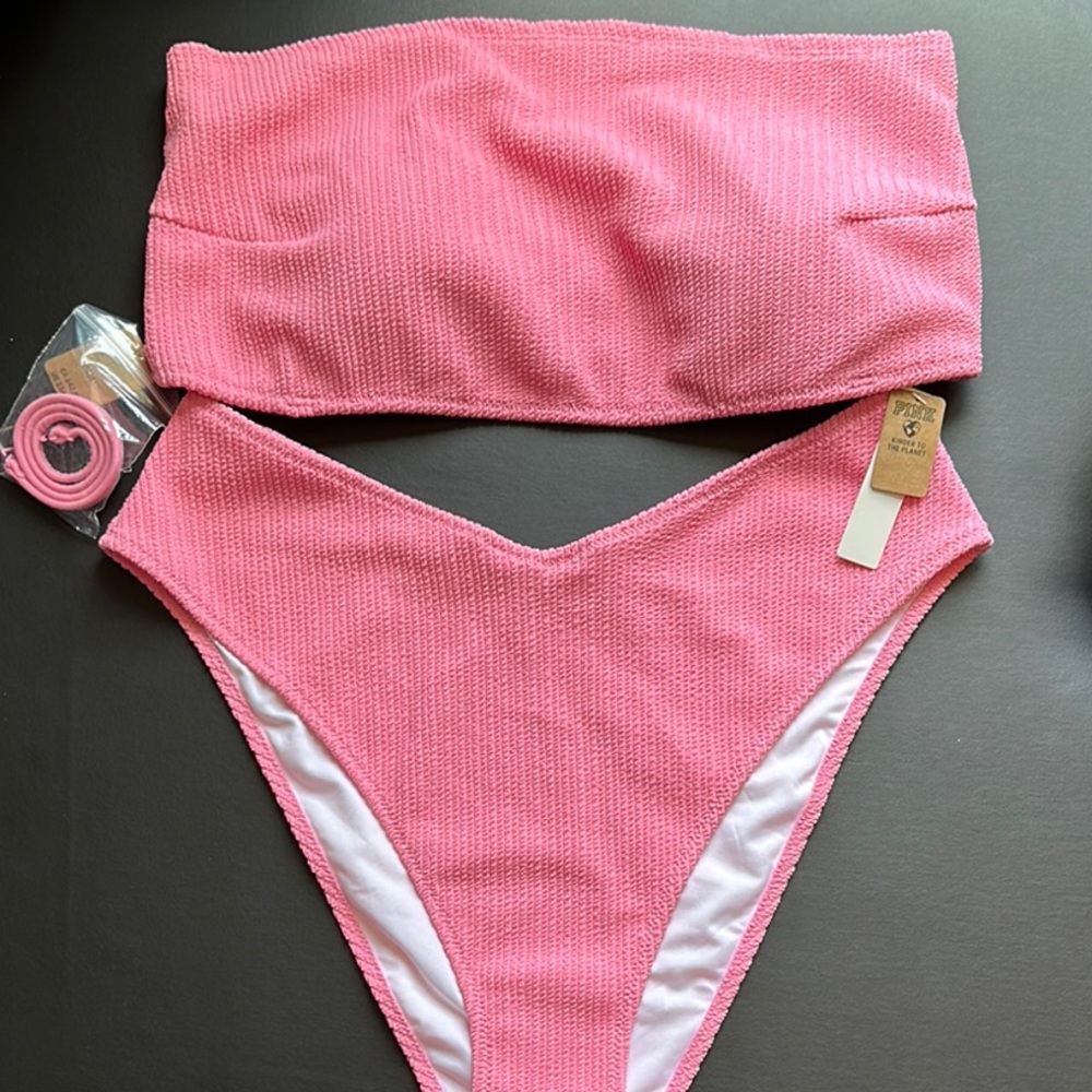 Victoria Secret ribbed high waisted Pink Strapless Bikini Set